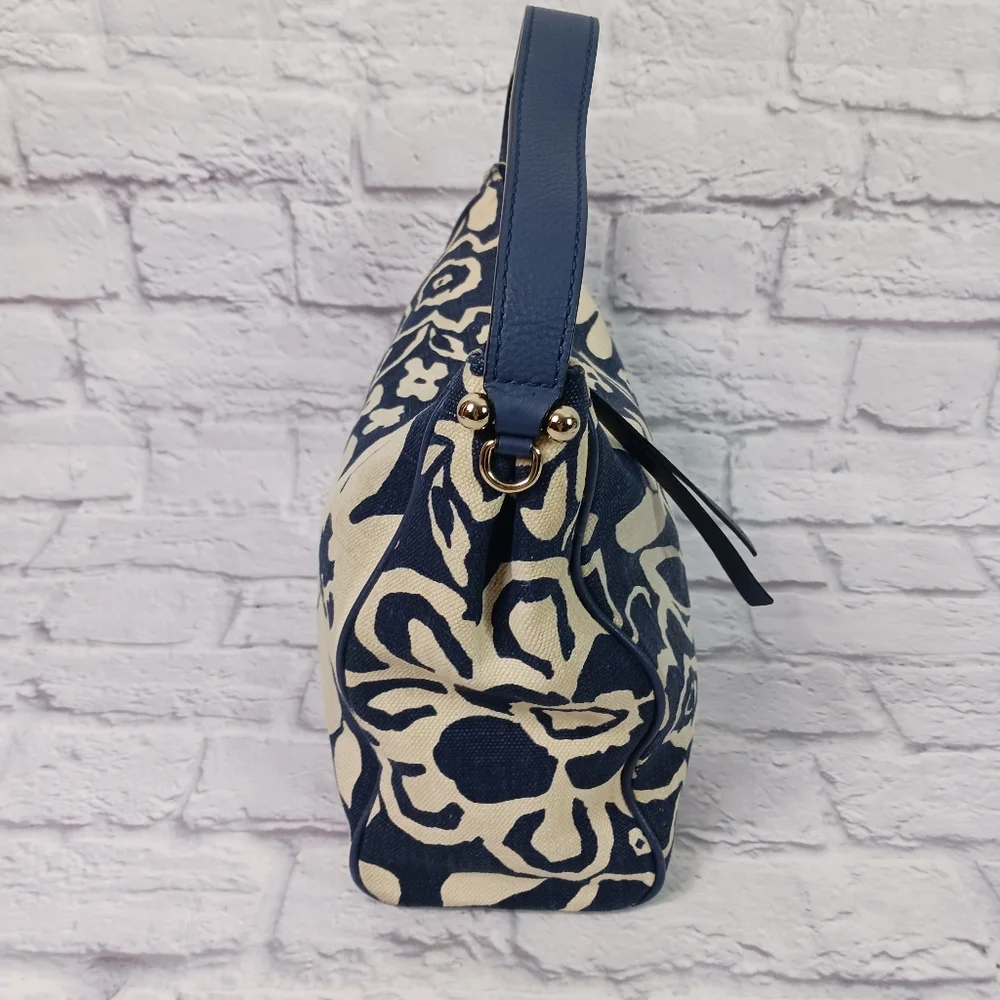 Kate Spade blue and white print canvas hobo bag